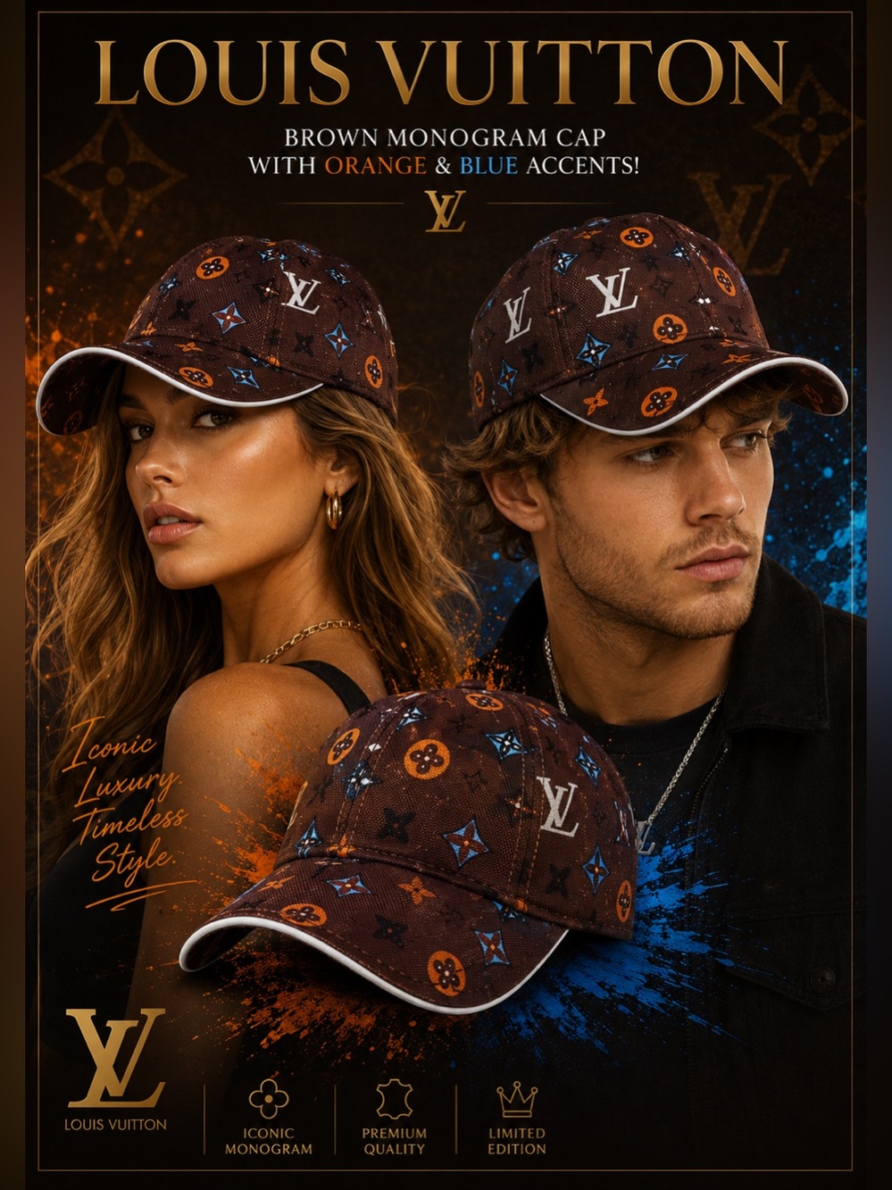 New!🔥Louis Vuitton Brown Monogram Cap with Orange & Blue Accents!🔥